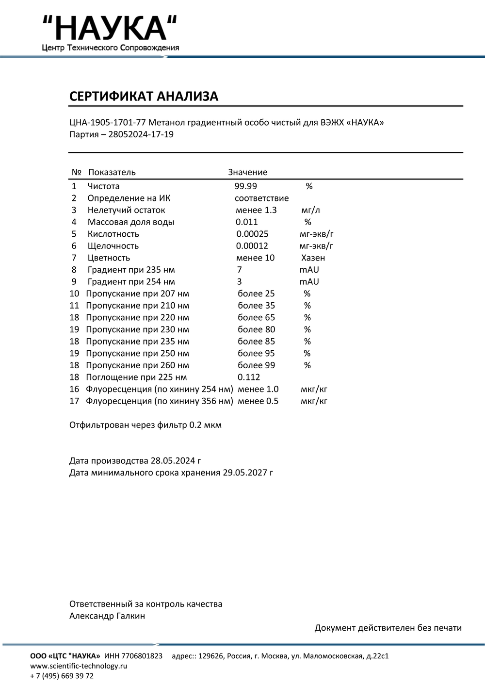 Сертификат анализа метанола градиентного особо чистого